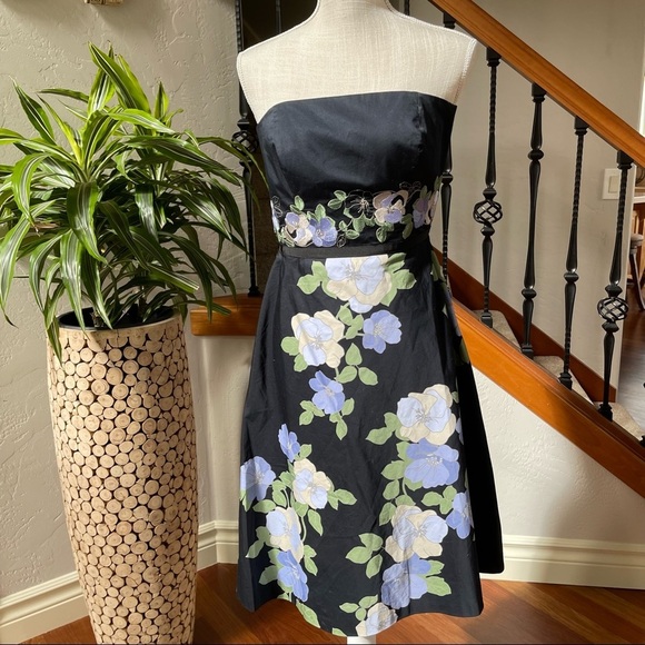 Loft  Womens Floral Print in Black Strapless Cocktail Midi‎ Dress Size: 0 - Picture 1 of 7